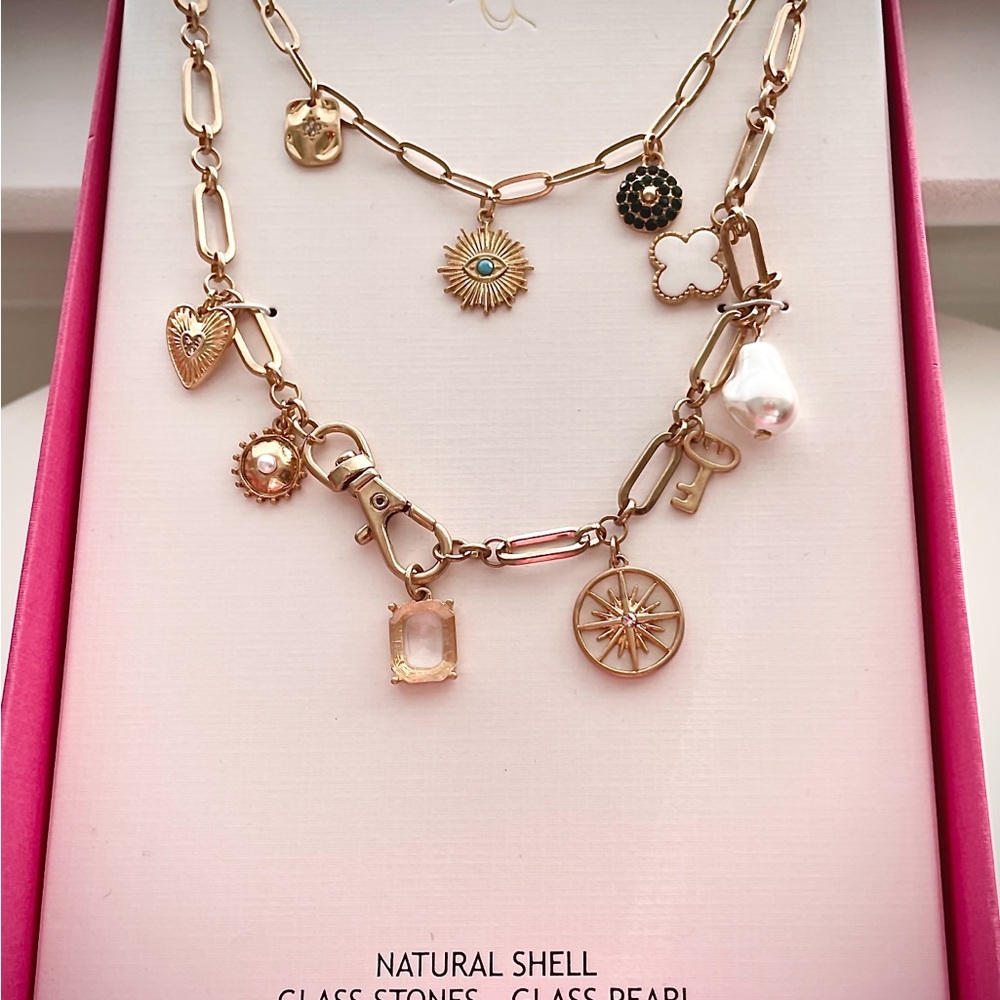 House of Harlow 1960 Gold Charm Necklace with Shell and Pearl Accents